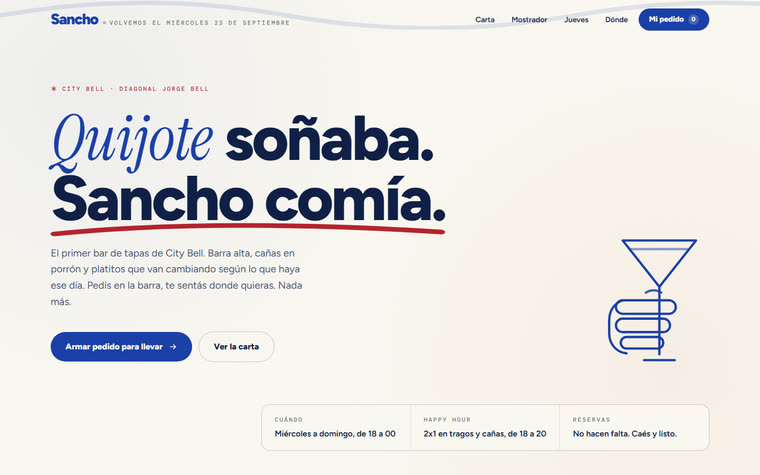 Sitio web de Sancho · Tapas y Barra diseñado por ZEK, en escritorio